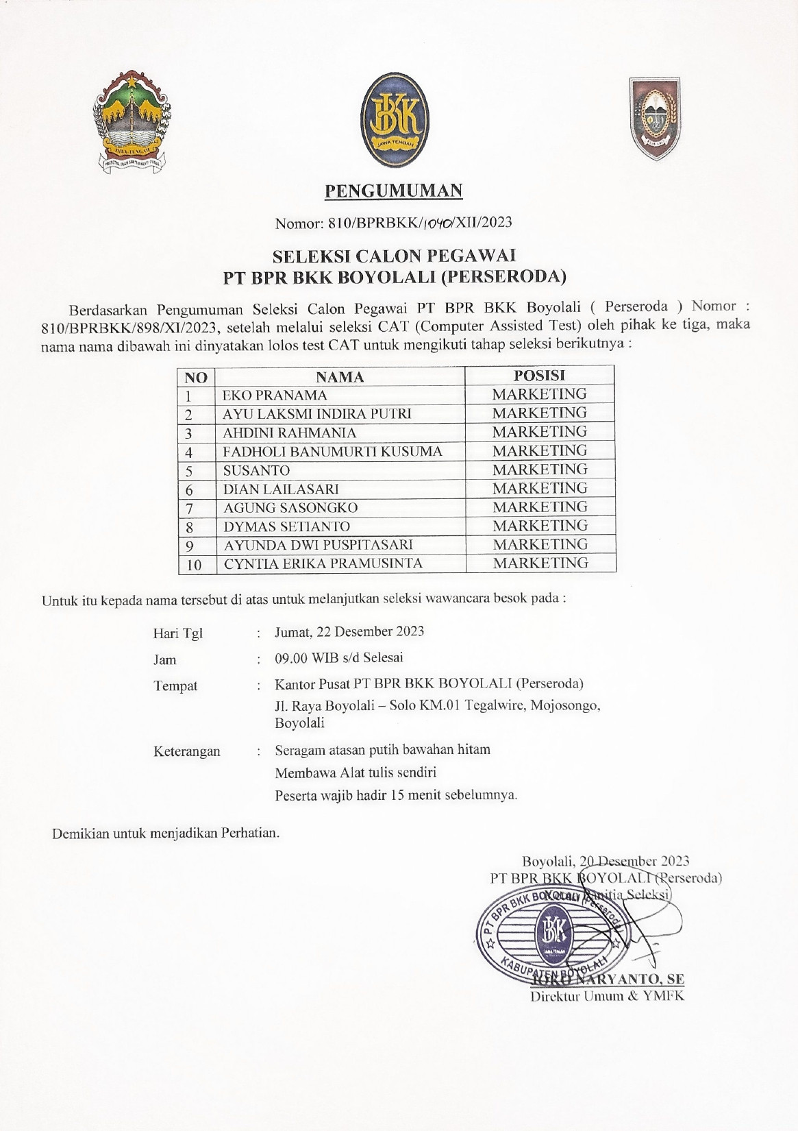 Pengumuman CAT penerimaan Calon Pegawai PT BPR BKK BOYOLALI (PERSERODA) Tahun 2023